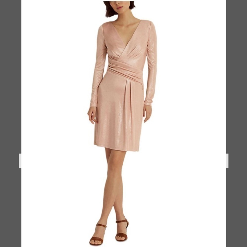 Lauren Ralph Lauren Surplice Neckline Long Sleeve Metallic Dress in Pink - Picture 4 of 7
